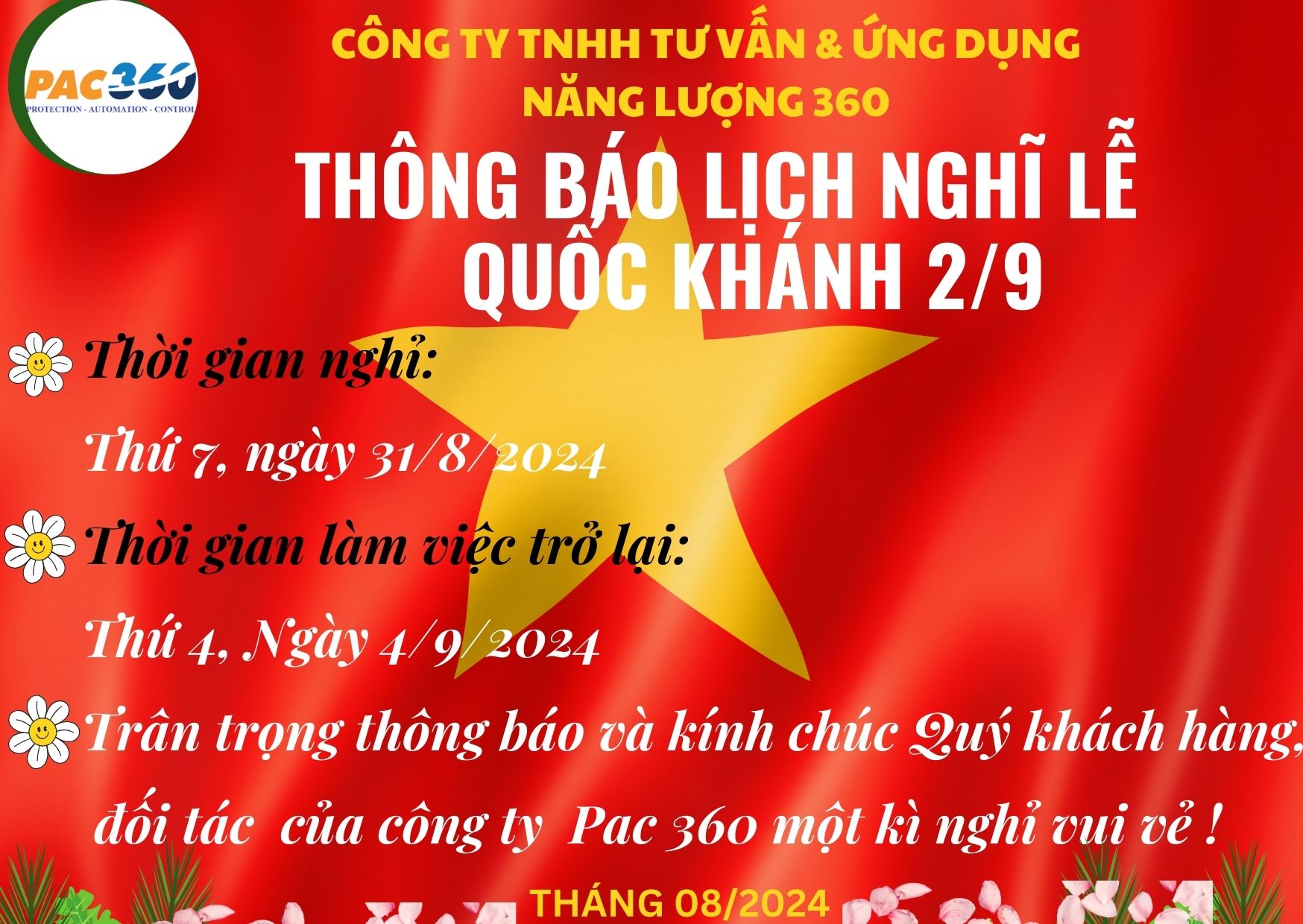 THÔNG BÁO LỊCH NGHĨ LỄ QUỐC KHÁNH 2/9